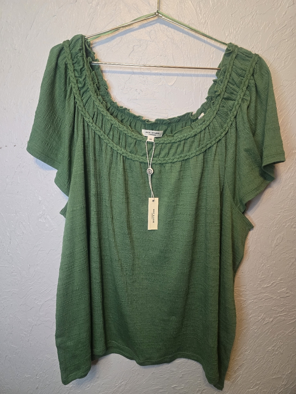 Max Studio London Green Blouse 3X Boho Peasant Top Braided Neck Short Sleeve NWT